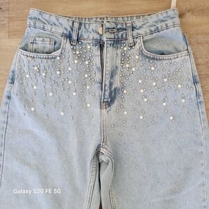 Women’s Pearl Rhinestone Embellished Jeans Y2K Glam Cropped Denim Waist 28